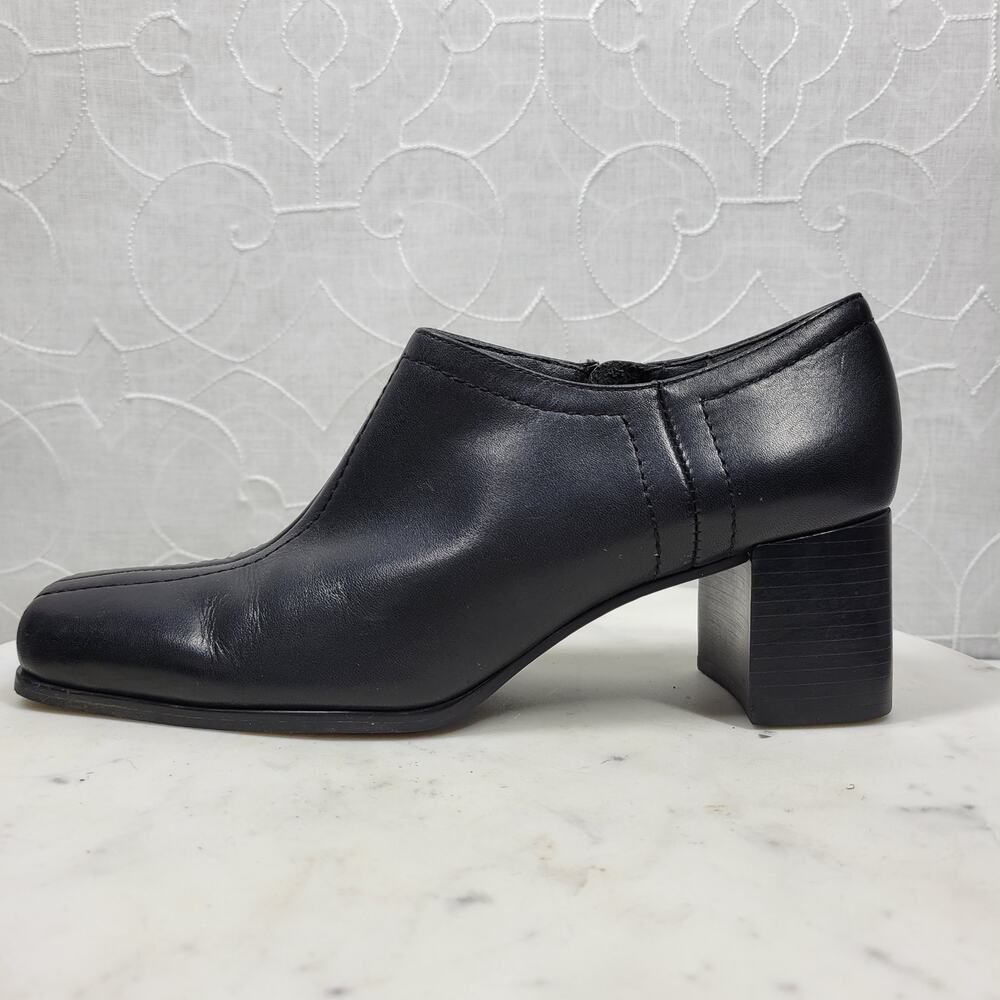 Naturalizer Stitch In Time Ankle Boots 7.5 Black Leather Chunky Heels Square Toe